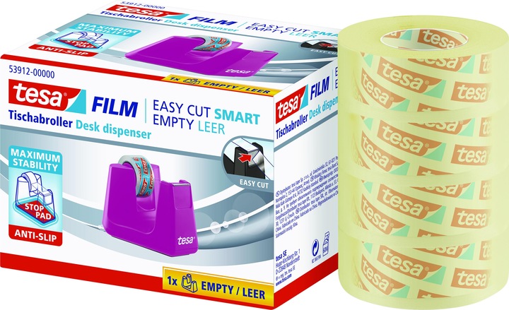 Image du produit tesa Dévidoir de ruban adhésif EASY CUT SMART pour tables, avec technologie antidérapante, 4 rouleaux de