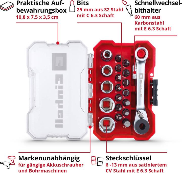 Image du produit Einhell Jeu de douilles à embout 1/4" (6,3 mm) 21 pièces 118683 (6 mm, 12 mm, 10 mm, 8 mm, 13 mm)