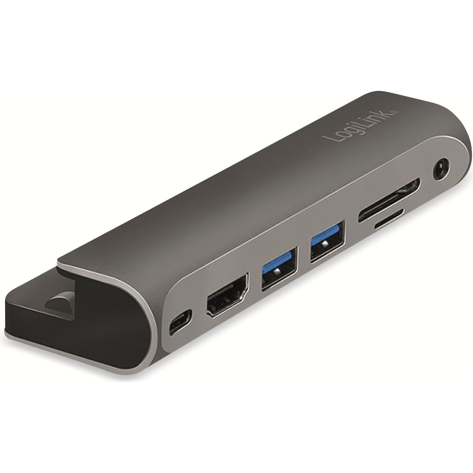 LogiLink UA0385 (USB-C, 7 Ports), Dockingstation + USB Hub, Schwarz, Silber