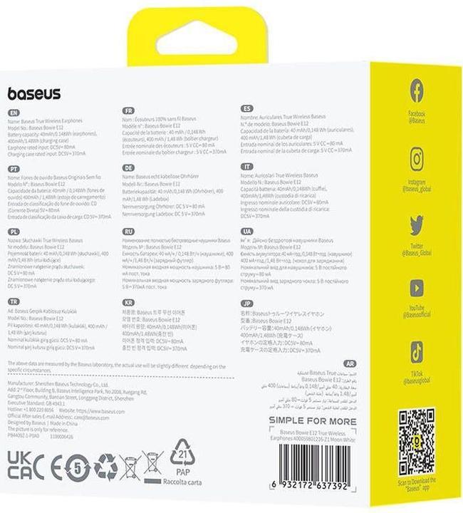 Actual product image Baseus Earphones TWS Bowie E12 (white) (6 h, Wireless)