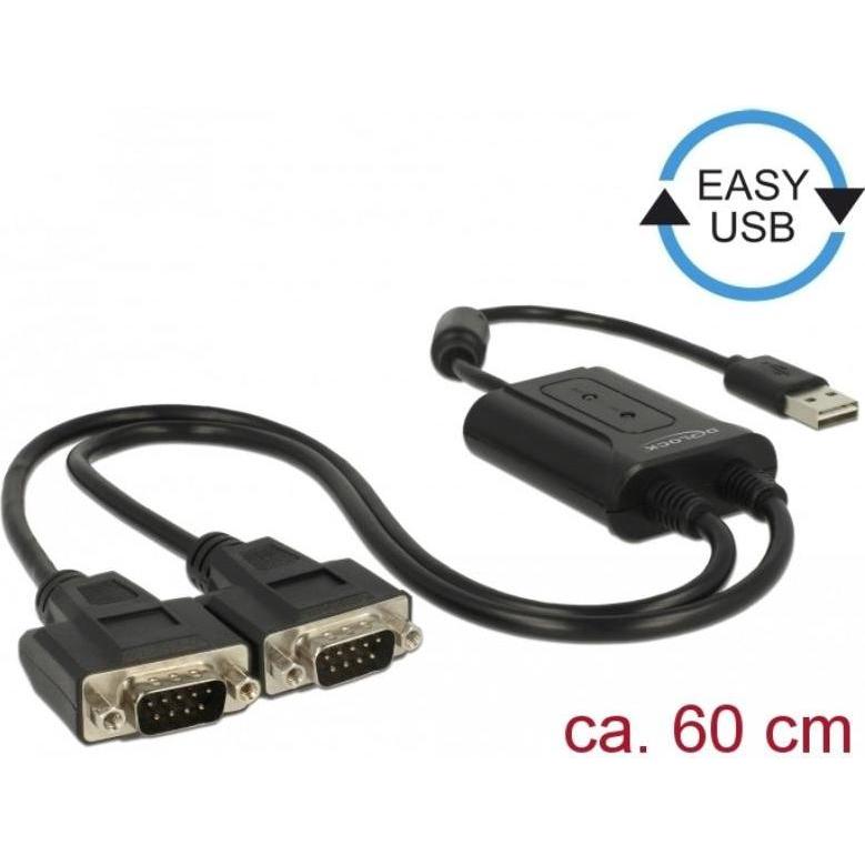 Thumbnail - Delock Adapter USB-A>2x Seriell DB9 RS-232 (USB 2.0, 60 cm), Data + Video Adapter, Schwarz