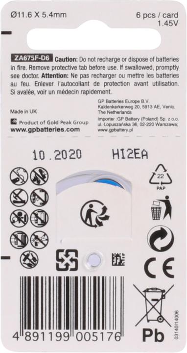 Produktbild GP Batteries Gp Za675 (6 Stk., PR44, 650 mAh)