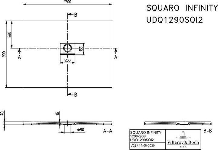Produktbild Villeroy & Boch V&B Duschwanne SQUARO INFINITY R-eck1200x900x40mm anthrazit
