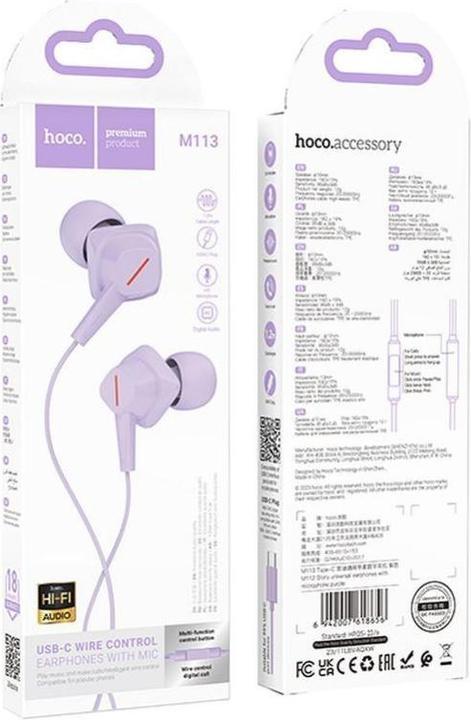 Actual product image Hoco Wired headphones wire earphones Lightning with microphone M113 purple (Cable)