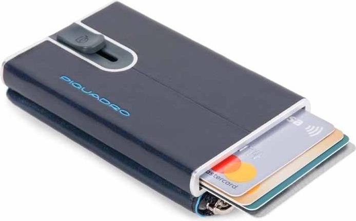 Piquadro Blue Square, Leather Card Holder, Square Sliding System with Zipp