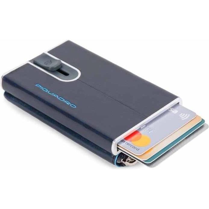 Piquadro, Portafoglio, Blue Square, Leather Card Holder, Square Sliding System with Zipp, Blu