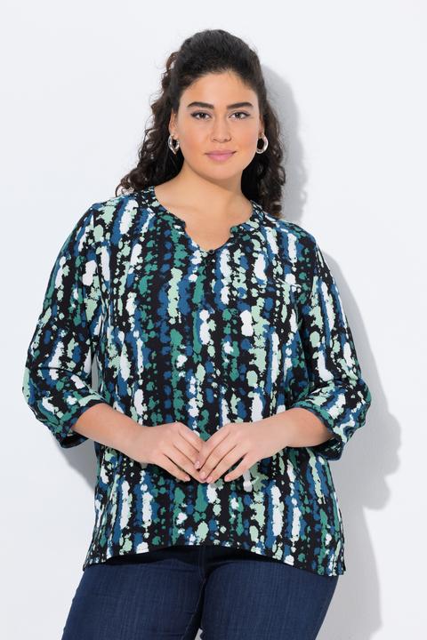 Image du produit Ulla Popken Damen grosse Grössen Tunika, bedruckt, Rundhals, Knöpfe, 3/4-Arm schwarz 46+ 842837100-46+ (46, 48)