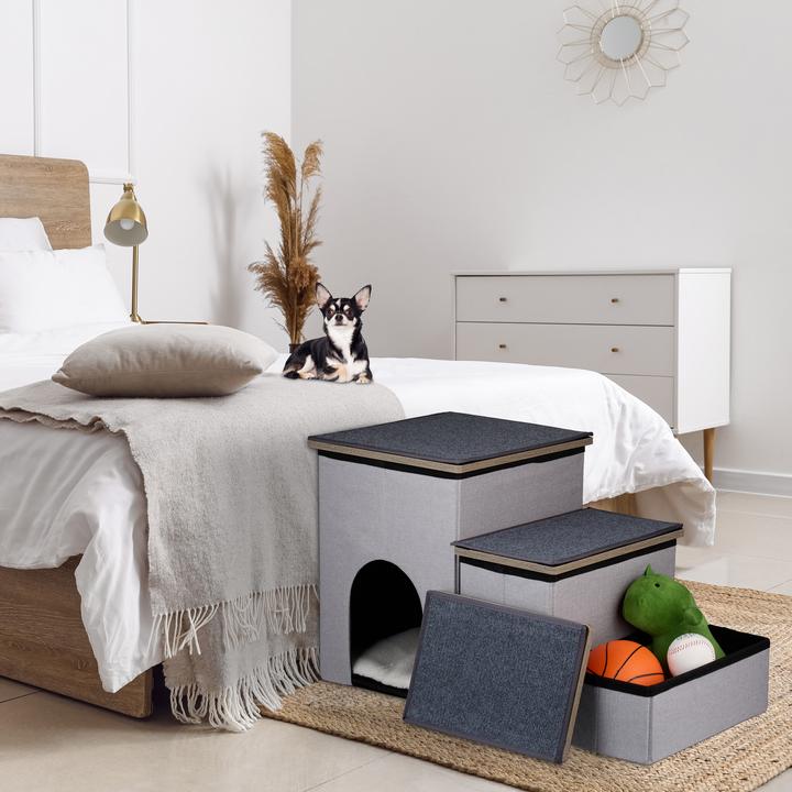 Produktbild Relaxdays - Hundetreppe 3 Stufen mit Höhle, Anthrazit / Grau / Weiss, H x B x T: ca. 41,5 x 72 x 33 c (Hund, Faltbar)