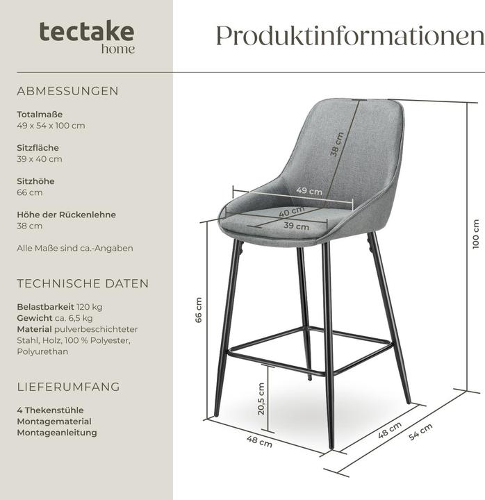 Produktbild tectake Thekenstuhl Siera mit Rückenlehne