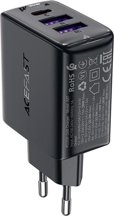 Produktbild Acefast A57 PD 35W GaN-Ladegerät 2 x USB-A + USB-C mit 3 Anschlüssen – Schwarz (35 W, 3 Ports)