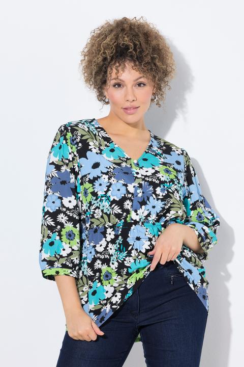 Image du produit Ulla Popken Blouse motif floral, décolleté en V et manches 3/4, coupe évasée (42, 44)
