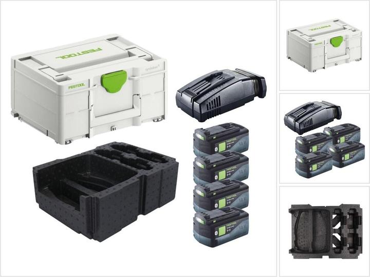 4x Festool BP 18 Li 5,0 ASI EU Akkupack 18 V 5,0 Ah ( 577660 ), 1x Festool SCA 16 Schnellladegerät 10,8 V - 18 V ( 576953 ), 1x Festool Systainer SYS3 M 187 ( 204842 ), passende Einlage