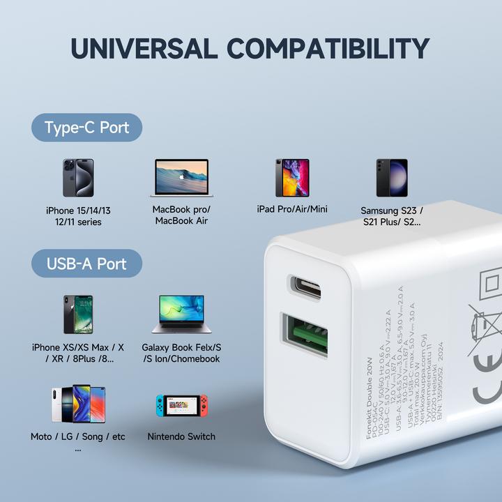 Immagine prodotto FoneKit Double 20W Charger, USB-C + USB-A, white