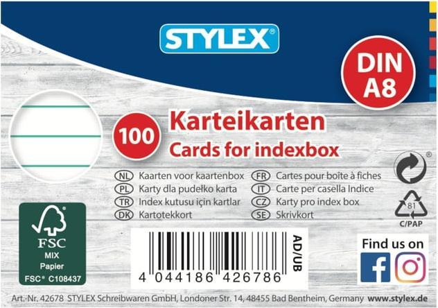 Produktbild Stylex Karteikarten, DIN A8, liniert, 100 Stück, FSC (A8)