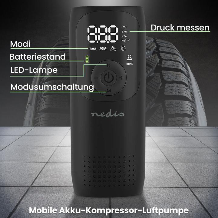 Produktbild Nedis Wiederaufladbarer Luftkompressor - 0.1-150 psi - Dunlop-Ventil - Betriebsarten: Auto/Motorrad/