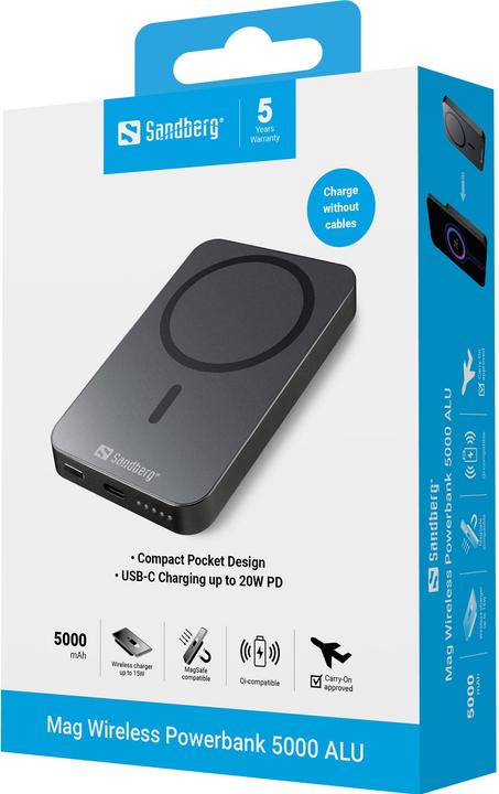 Produktbild Sandberg Mag Wireless Powerbank 5000ALU (5000 mAh, 20 W, 19.25 Wh)