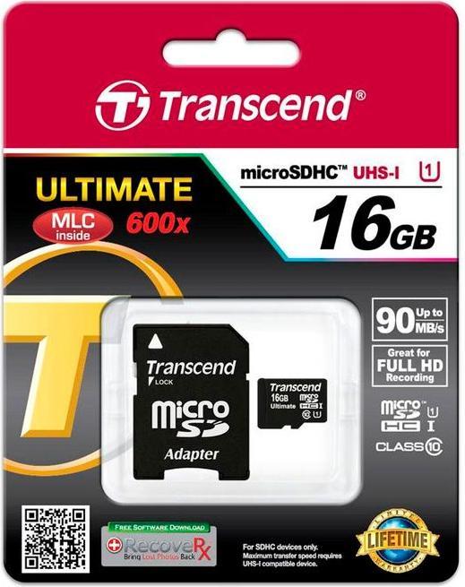 Produktbild Transcend microSDHC Ultimate 600x mit Adapter (16 GB, microSDHC, U1, UHS-I)