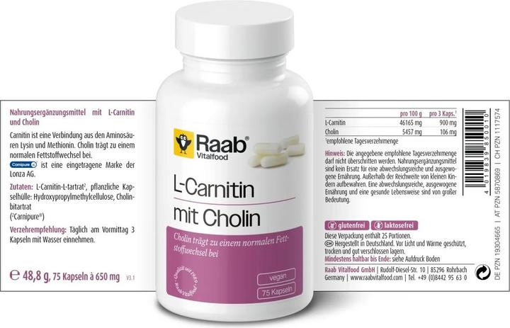 Nährwerte und Zutaten Raab L-Carnitin mit Cholin (75 Stück, Kapseln)