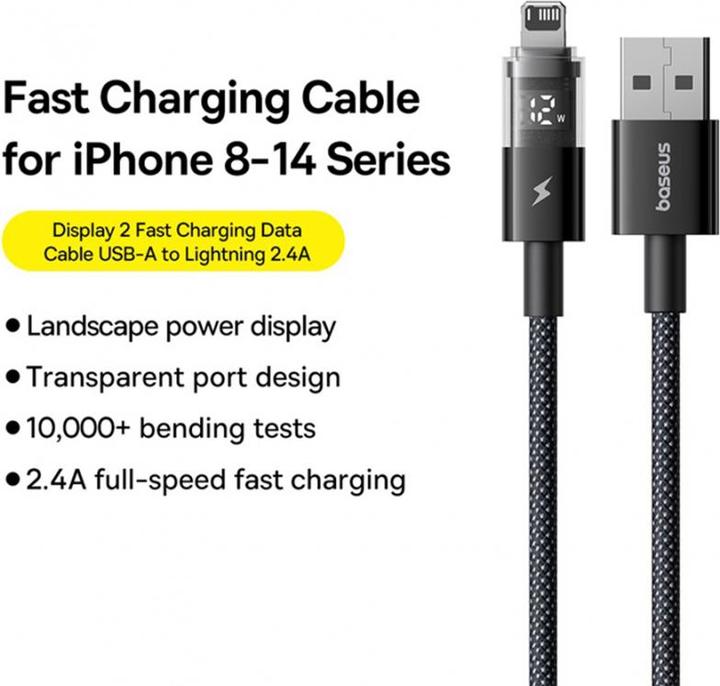 Image du produit Baseus Câble USB-A vers Lightning Display 2, 18W, 2.4A, 2m, Noir (2 m, USB 3.2 Gen 1, 18 W)