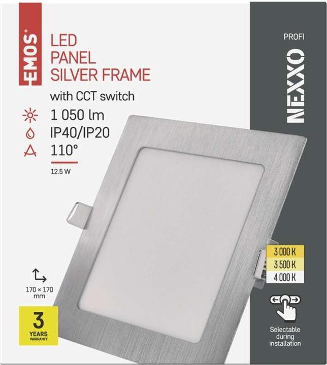 Produktbild Emos LED-Einbauleuchte NEXXO, quadratisch, silber, 12,5W, mit Change CCT (1050 lm)