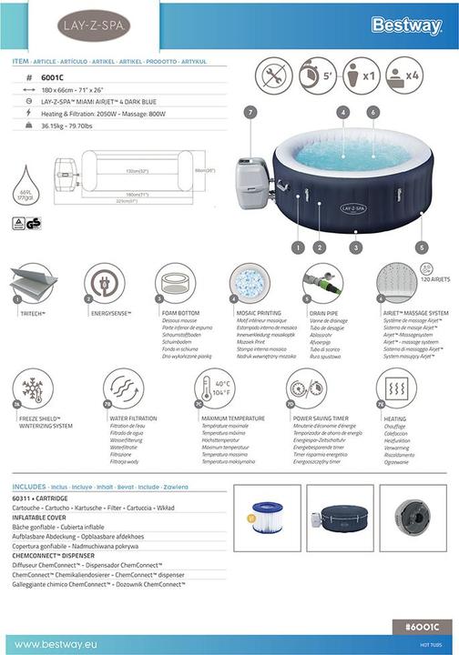 Produktbild Bestway LAY-Z-SPA Miami energieeffizienter aufbl asbarer Whirlpool mit AirJet 180 x 66 cm (4 Personen)