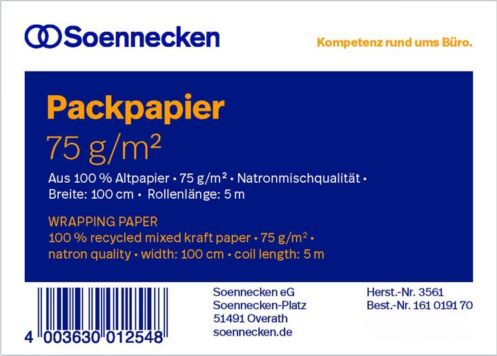 Produktbild Soennecken Packpapier 3561 100cmx5m Altpapier natronbraun (1 Stück)