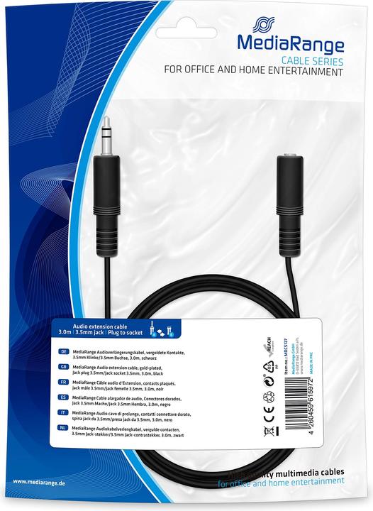 MediaRange Câble d'extension audio 3,5mm jack/bu 3m, noir (3 m, Jack 3,5 mm (AUX))