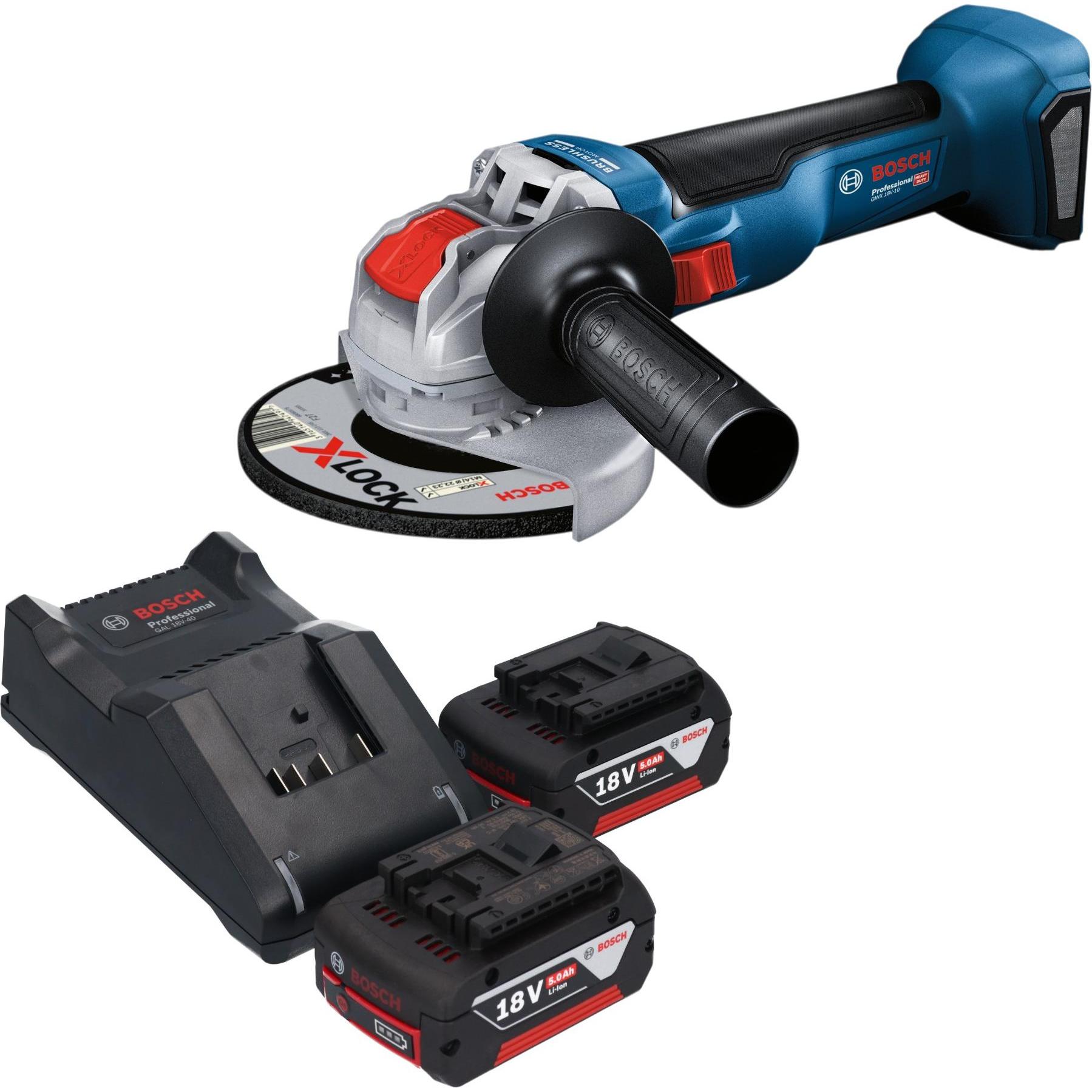 Bosch Professional, Smerigliatrice angolare, Bosch GWX 18V-10 Akku Winkelschleifer 18 V 125 mm Brushless + 2x Akku 5,0 Ah + Ladegerät (125 mm)