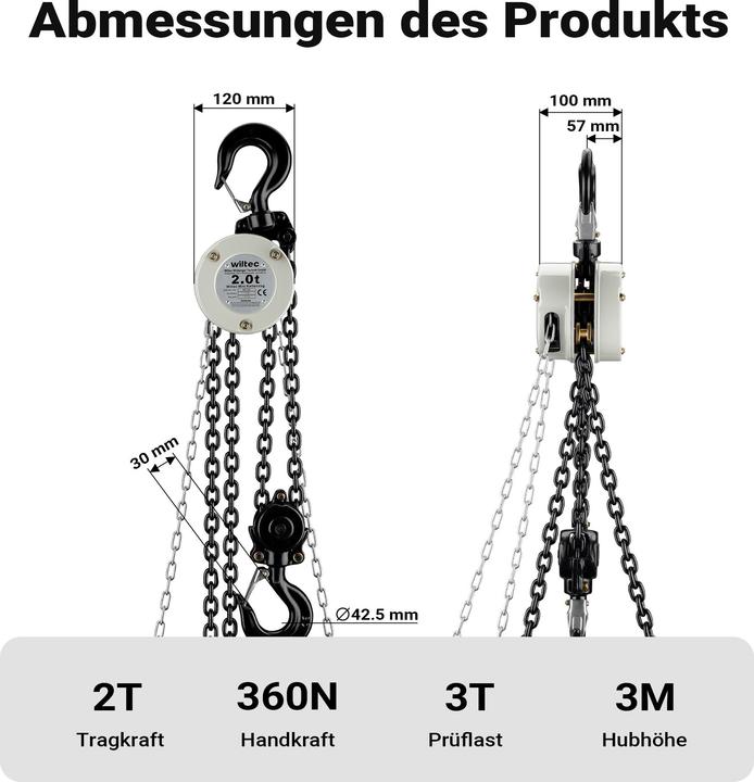 Produktbild Wiltec Kettenzug bis 2t Handkettenzug 3m Hubhöhe Hebelzug Tragmittel Hebezeug