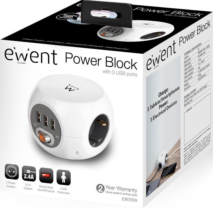 Produktbild Ewent Power distribution unit with USB ports, 3 sockets, 1.5m, white (3x, CEE 7/16, 1.50 m)
