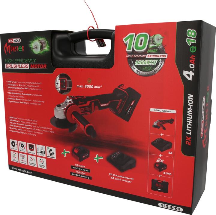 Actual product image KS Tools eMONSTER brushless cordless angle grinder set, 4-piece | 18 volt, 2 batteries and charger (125 mm)