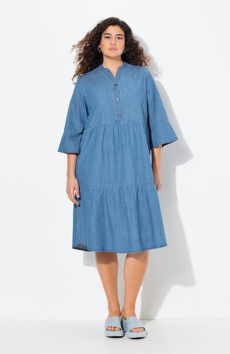 Actual product image Ulla Popken Tiered 3/4 Sleeve Chambray Dress (42, 44)