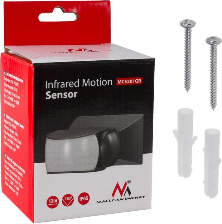 Immagine prodotto Maclean Rilevatore di movimento PIR a infrarossi IP65 grigio Portata 12m MCE201 GR (12 m)