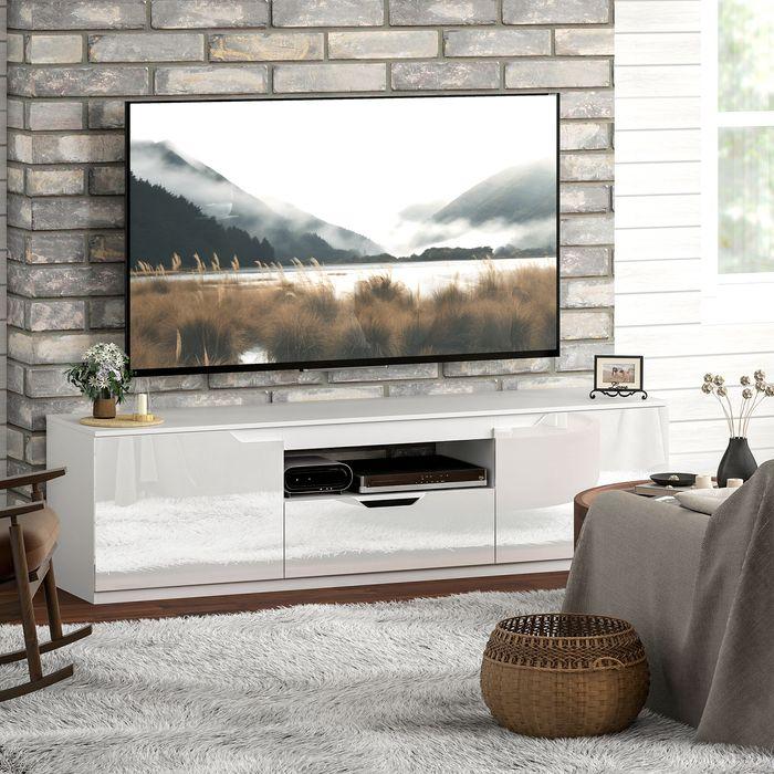 Produktbild Swisshandel24 Hochglanz TV-Lowboard für Fernseher bis 65 Zoll, 3 Fächer, Schublade, Weiss (160 x 38 x 43 cm)
