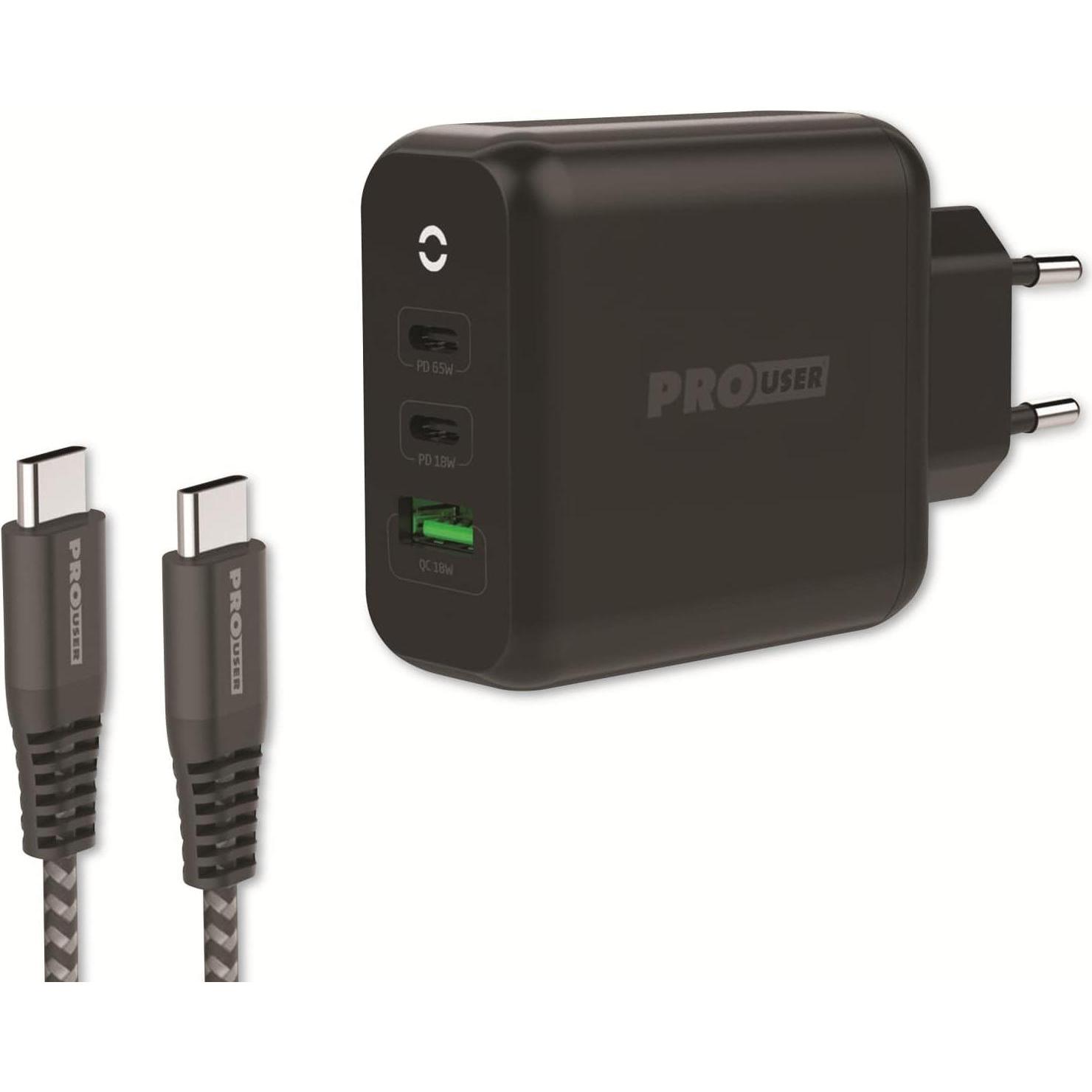 ProUser USB-Lader PRO USER 20198, 3-fach, 65W, 2x USB-C, 1x USB-A, schwarz (65 W), USB Ladegerät, Schwarz