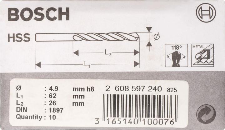 Produktbild Bosch Professional Zubehör Karosseriebohrer HSS-R, DIN 1897, 4,9 x 26 x 62 mm, 10er-Pack (4.9 mm)
