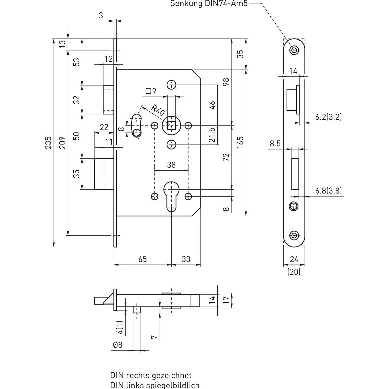 BMH, Türschloss + Schliesszylinder, Dreifallenhauptschloss 1020 PZ, links, rund, Dorn 65 mm, Edelstahl