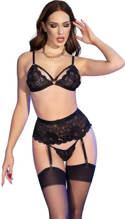 Produktbild Chilirose - CR 4728 SET BH + STRING + STRÃoeMPFE SCHWARZ S (S)