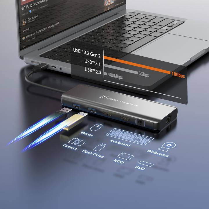 Produktbild j5Create JCD398-N, Kabelgebunden, USB 3.2 Gen 2 (3.1 Gen 2) Type-C, 100 W, 10,100,1000 Mbit/s, Grau