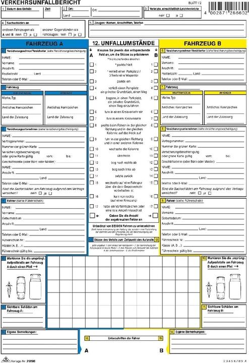 Nährwerte und Zutaten Rnk Europäischer Verkehrsunfallbericht, selbstdurchschreibend, DIN A4, 2 Blatt