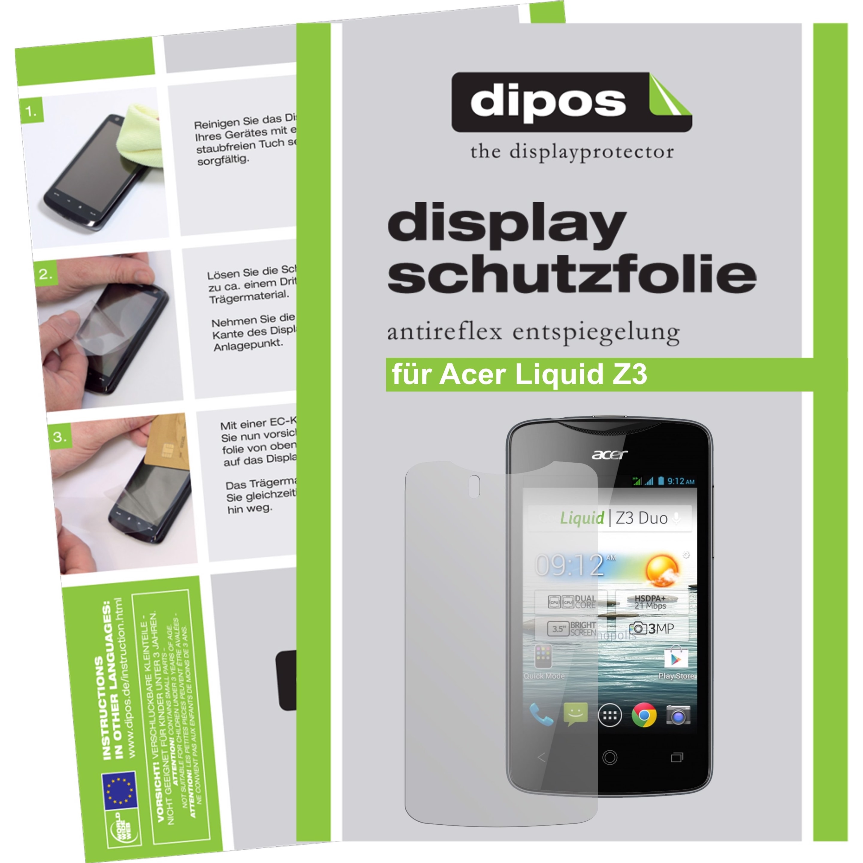 Dipos Displayschutzfolie Antireflex (2 Stück, Acer Liquid Z3), Smartphone Schutzfolie, Transparent