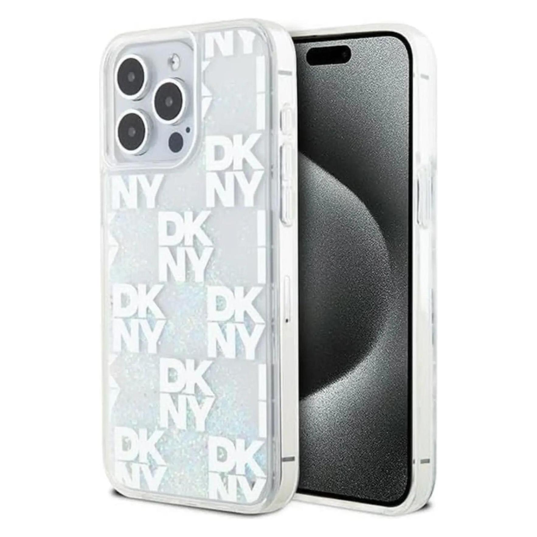 Dkny DKHCP15XLCPEPT IPhone 15 Pro Max 6.7" Biały/white Hardcase Liquid Glitter Multilogo (Apple IPhone 15 Pro Max), Smartphone Hülle, Transparent,