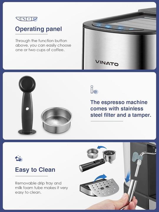 Produktbild Vinato Espressomaschine mit Milchschäumer, 15 Bar Druck und schneller Aufheizfunktion