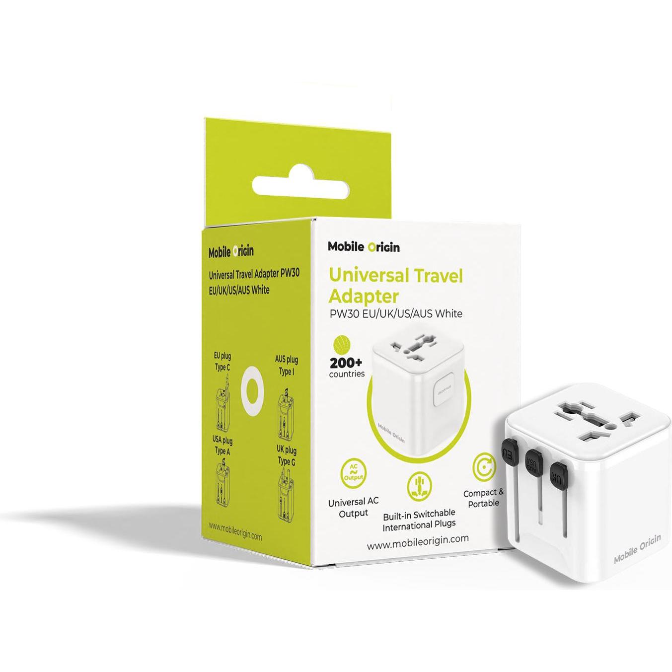 Mobile Origin, Adattatore da viaggio, Universal Travel Adapter PW30 EU/UK/US/AUS White