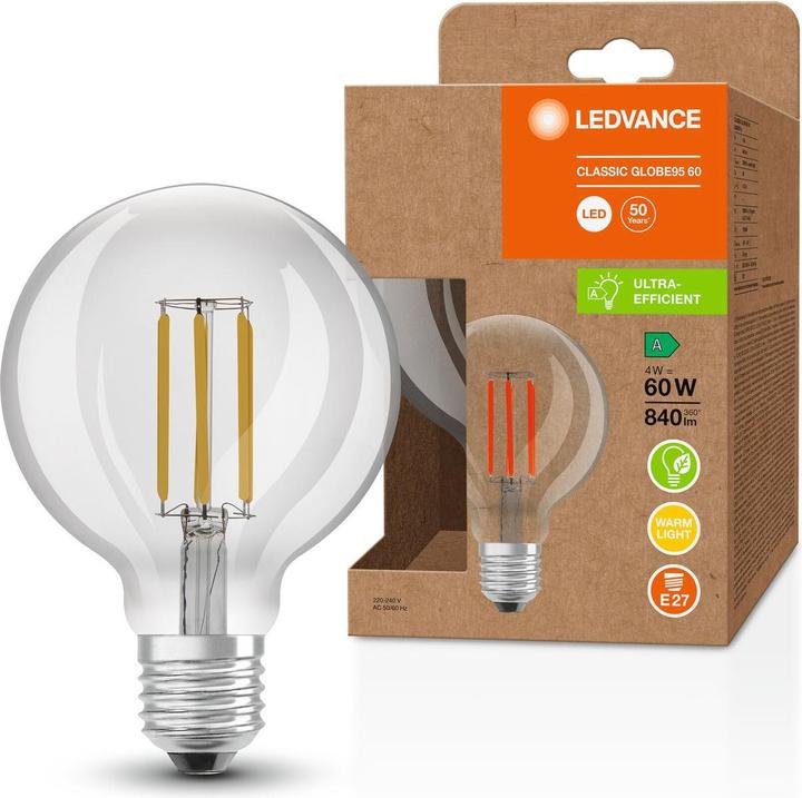 Actual product image Ledvance LED globe95 filament 840lm 4W/830 (60W) E27 energy class A (E27, 4 W, 840 lm, 1 x, A)