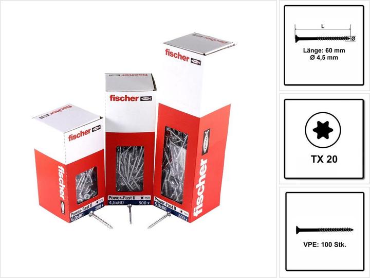 Actual product image Fischer Chipboard screw Power-Fast II countersunk head TX 4.5x60 mm galvanised 100 pcs. (100 Screws per piece)