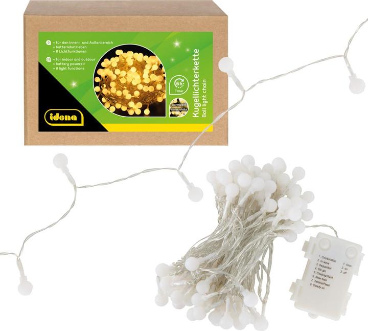 Image du produit Idena Guirlande lumineuse LED en forme de boule avec minuterie 6h pour 3 piles AA blanc chaud 100 LED (10.20 m)