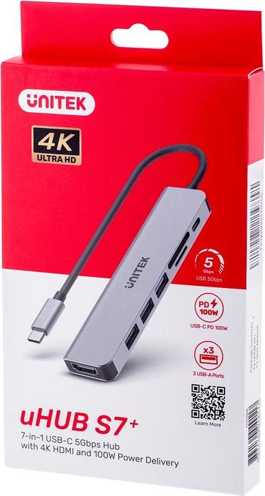 Actual product image Unitek HUB USB-C 7IN1, HDMI 4K, PD,,ALU (USB-C, 7 Ports)