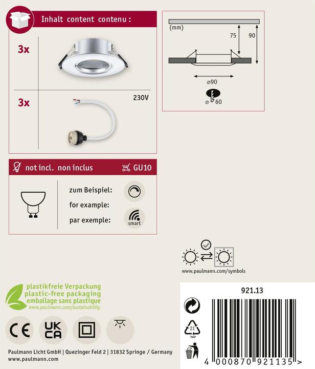 Produktbild Paulmann Einbauleuchte 3er-Pack starr (GU10)