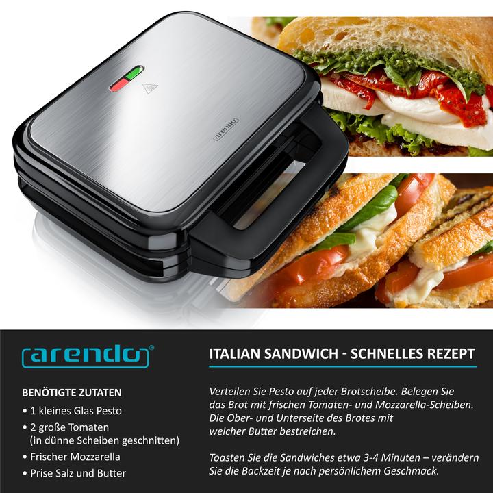 Produktbild Arendo Sandwichmaker 900W Temperaturkontrolle, Cool-Touch, Antihaftbeschichtung, BPA-frei, Kabelaufwicklung